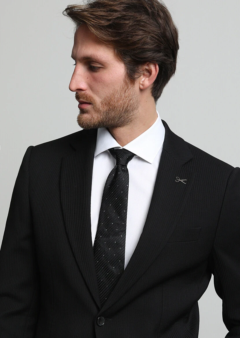 Black Striped Thin&Taller Slim Fit Wool Blended Suit - 2