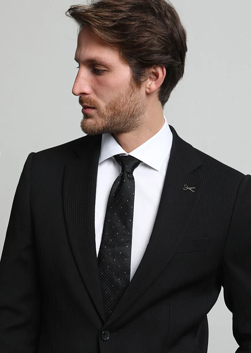 Black Striped Thin&Taller Slim Fit Wool Blended Suit - 2