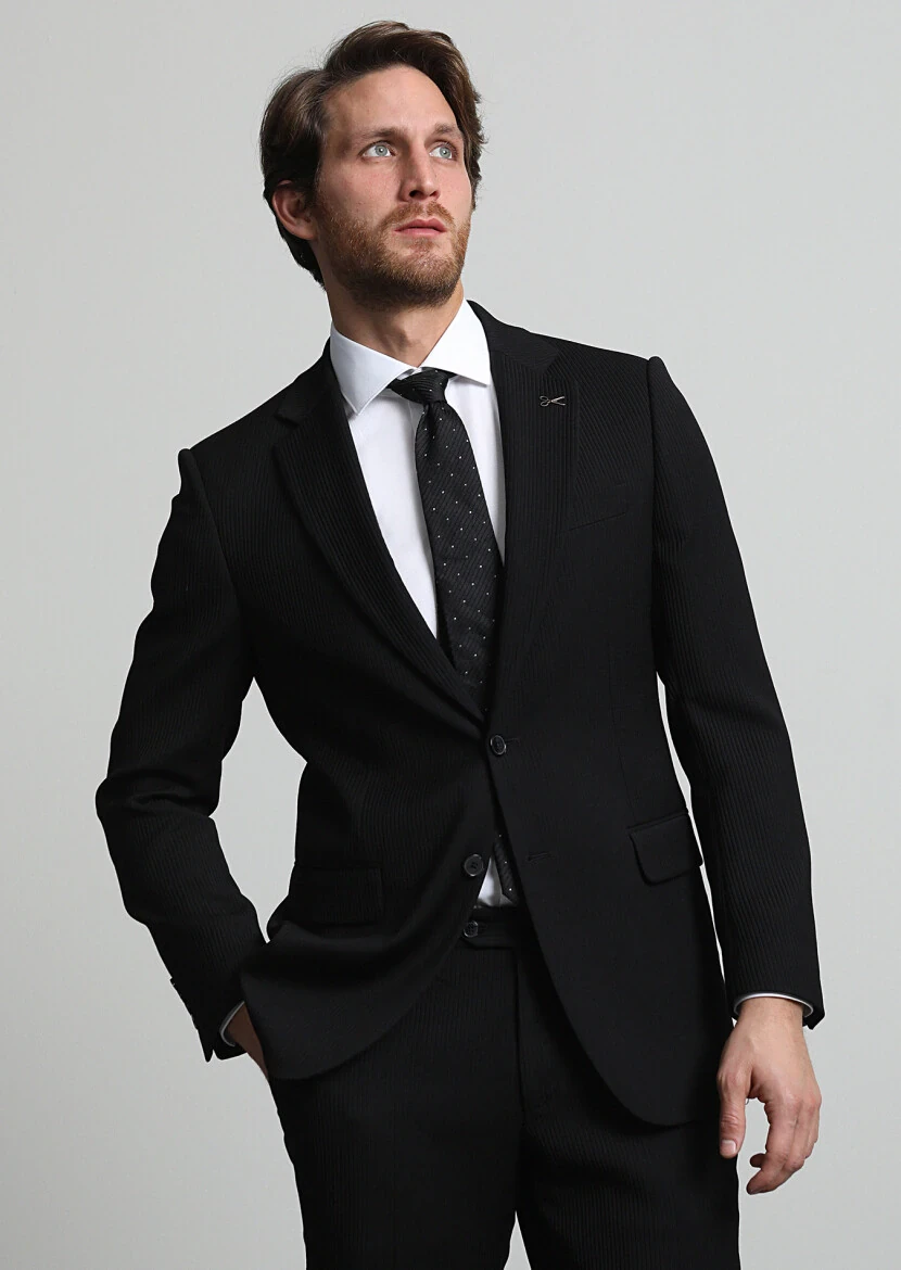 Black Striped Thin&Taller Slim Fit Wool Blended Suit - 3