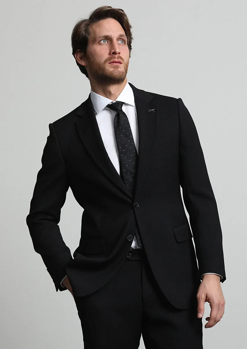 Black Striped Thin&Taller Slim Fit Wool Blended Suit - 3