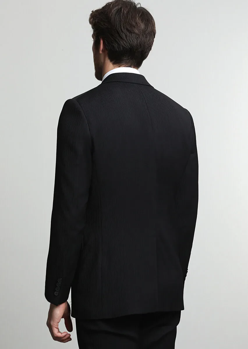 Black Striped Thin&Taller Slim Fit Wool Blended Suit - 4