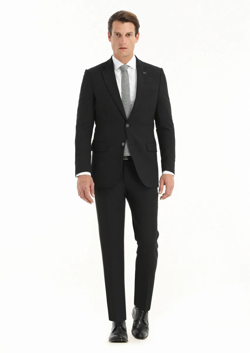 Black Striped Thin&Taller Slim Fit Wool Blended Suit - 1