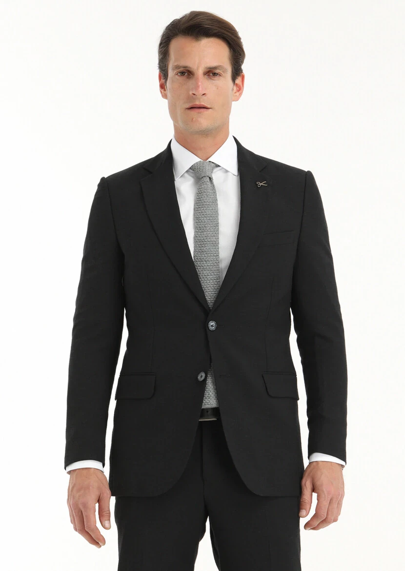 Black Striped Thin&Taller Slim Fit Wool Blended Suit - 3