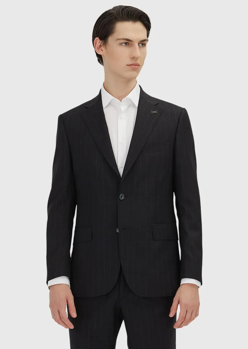 Black Striped Zeroweight Slim Fit 100% Wool Suit - 2