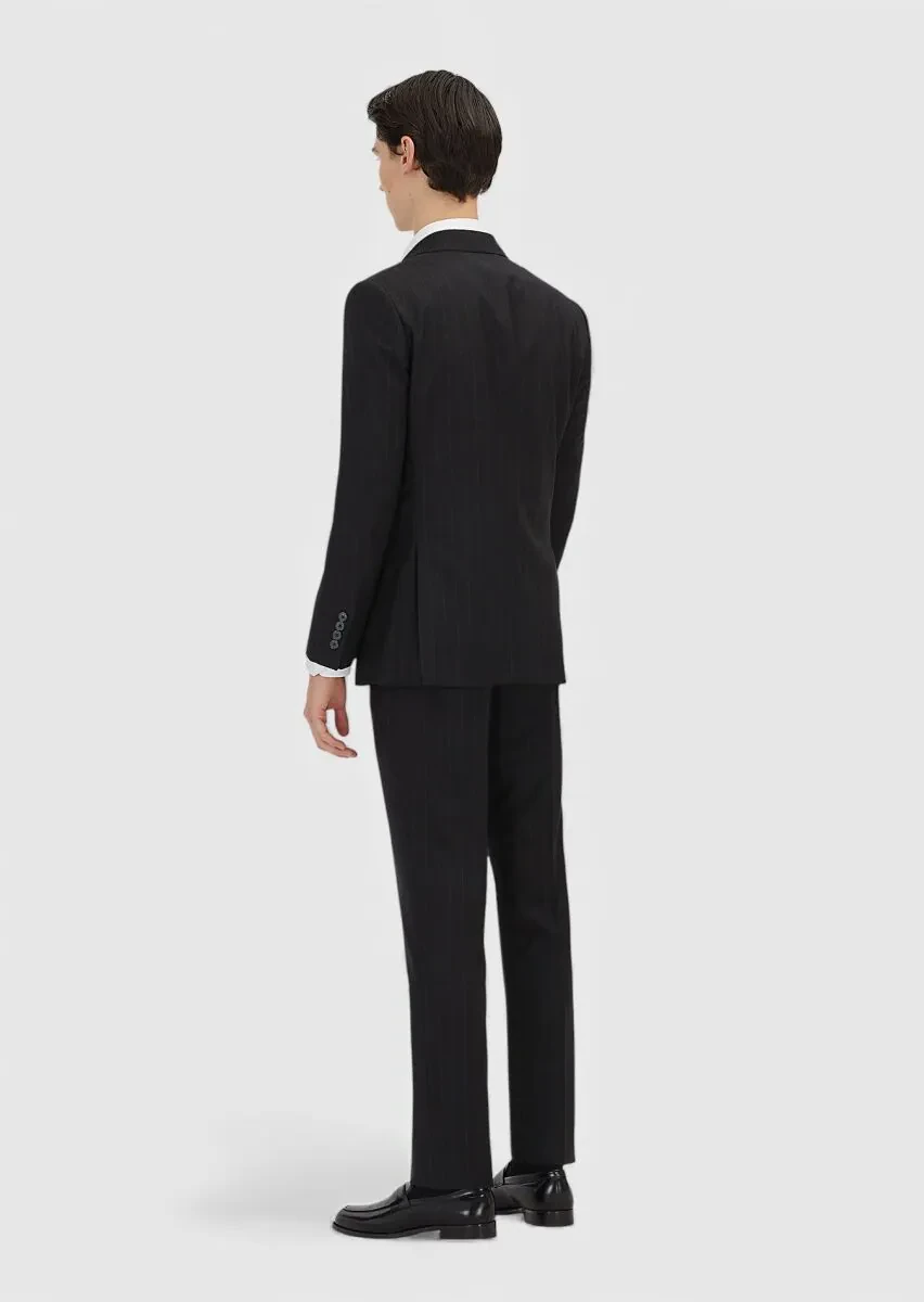 Black Striped Zeroweight Slim Fit 100% Wool Suit - 5