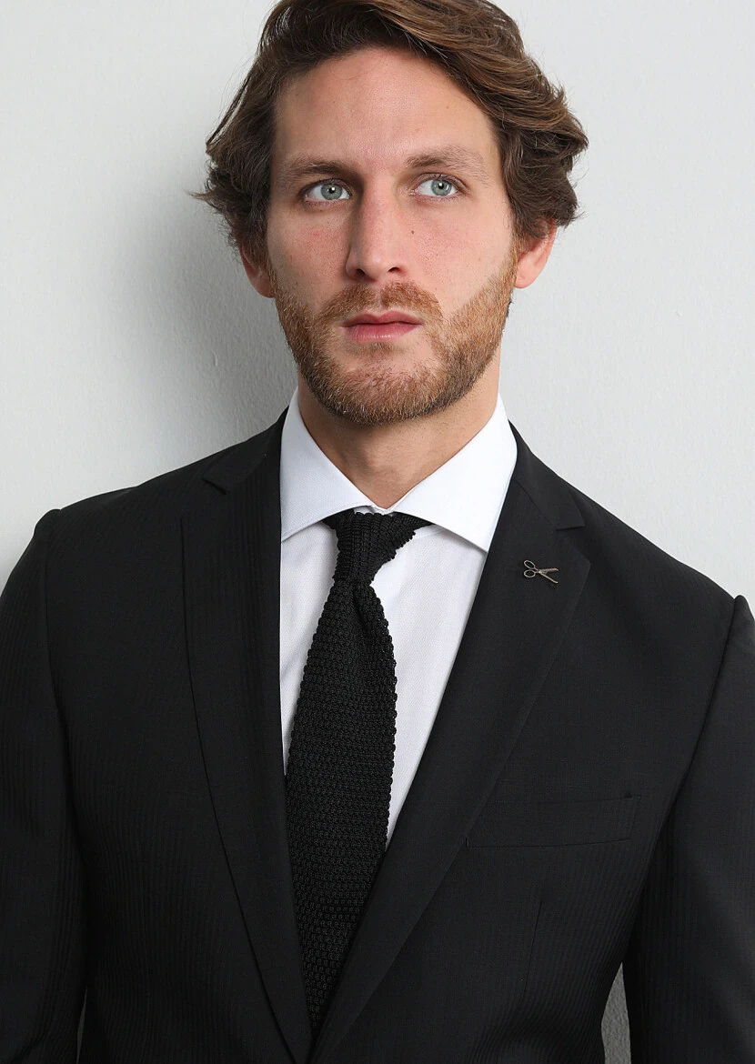 Black Striped Zeroweight Slim Fit Wool Blended Suit - 2