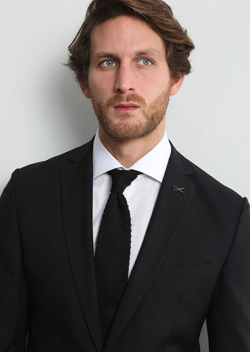 Black Striped Zeroweight Slim Fit Wool Blended Suit - 2