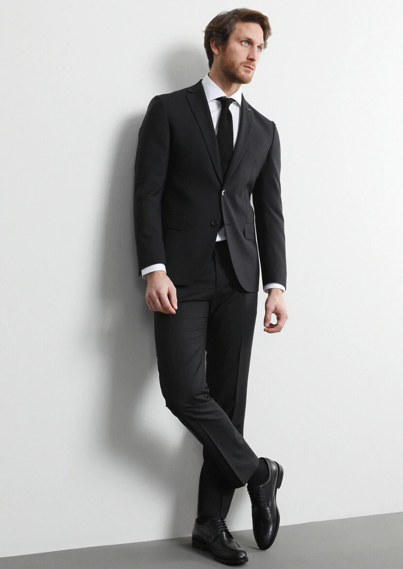 Black Striped Zeroweight Slim Fit Wool Blended Suit - 3