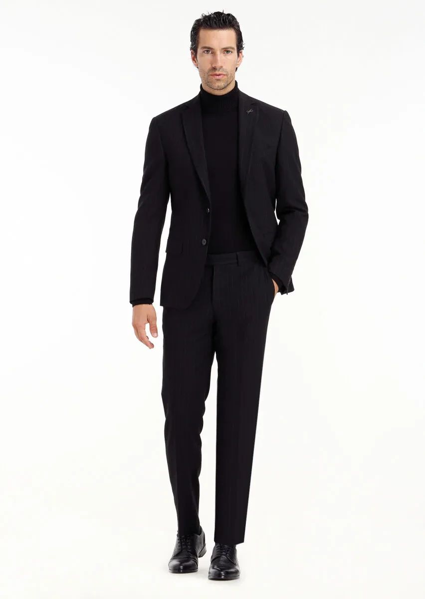Black Striped Zeroweight Slim Fit Wool Blended Suit - 1