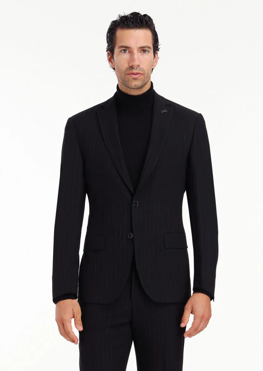 Black Striped Zeroweight Slim Fit Wool Blended Suit - 3