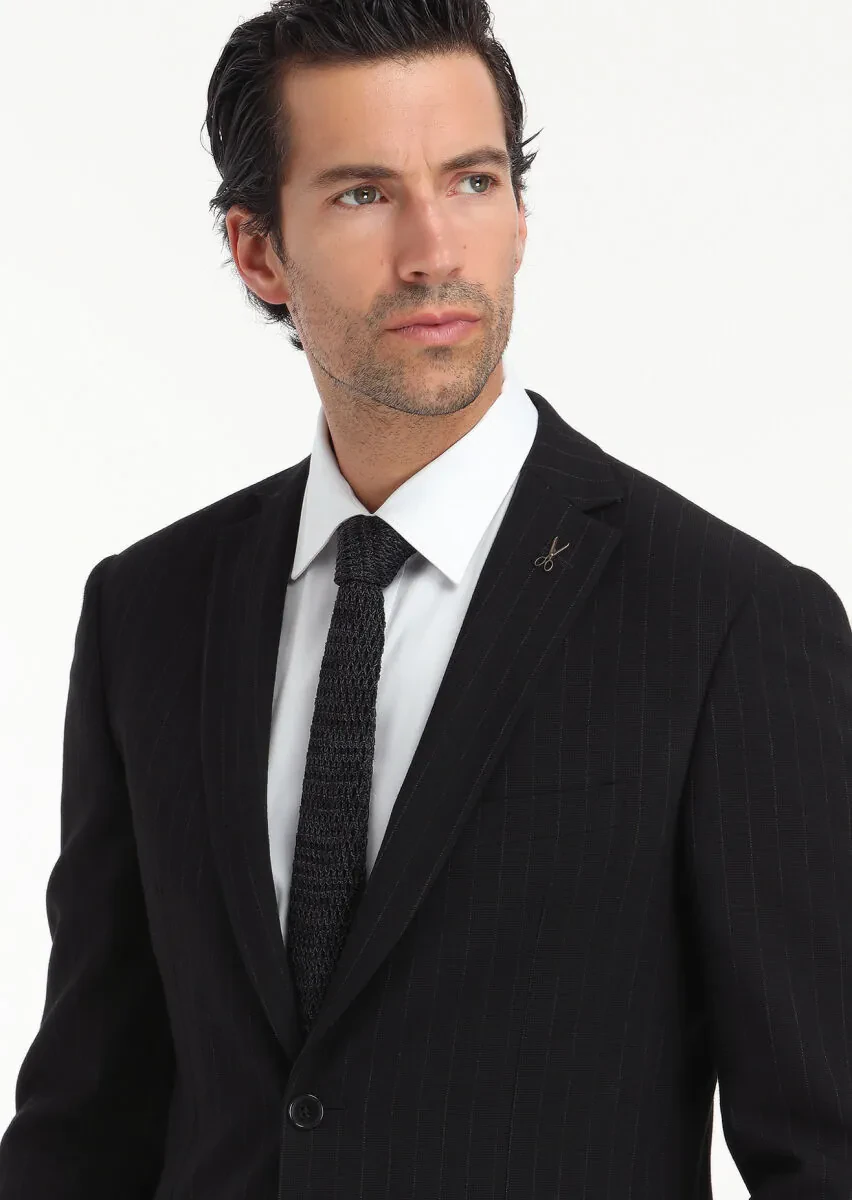 Black Striped Zeroweight Slim Fit Wool Blended Suit - 4