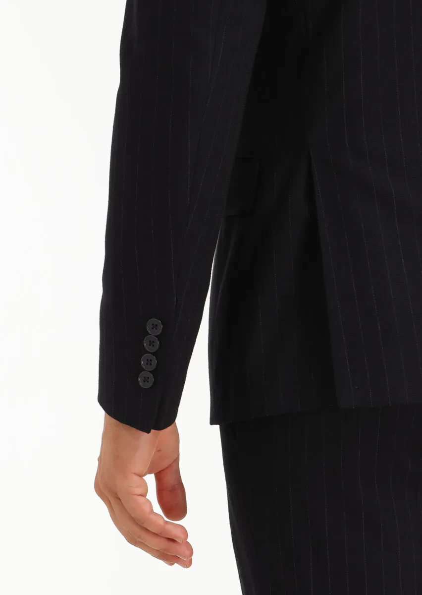 Black Striped Zeroweight Slim Fit Wool Blended Suit - 5
