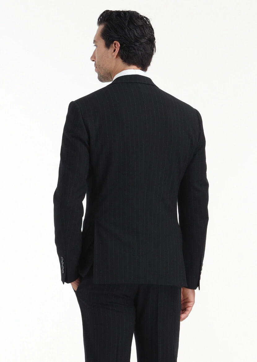 Black Striped Zeroweight Slim Fit Wool Blended Suit - 7