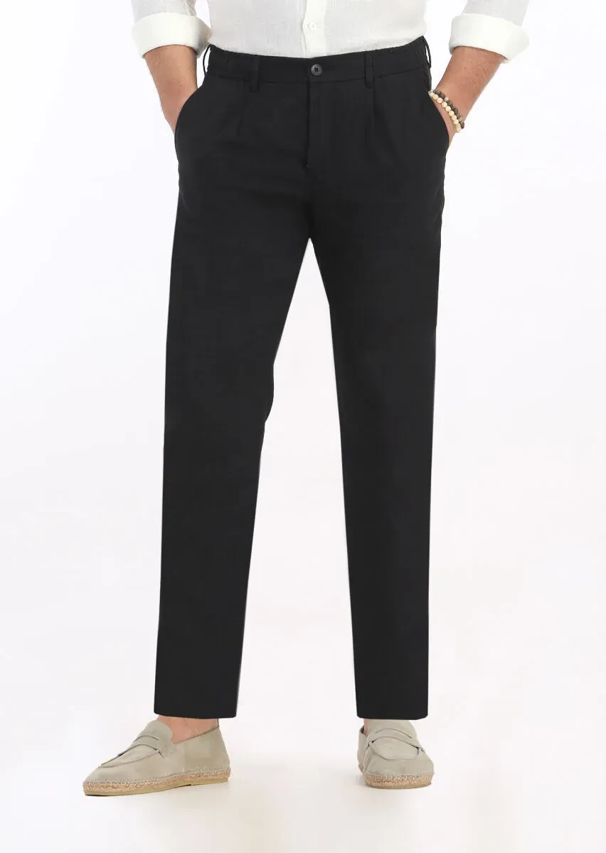 Black Weaving Jogging Fit Casual 100% Linen Trousers - 2