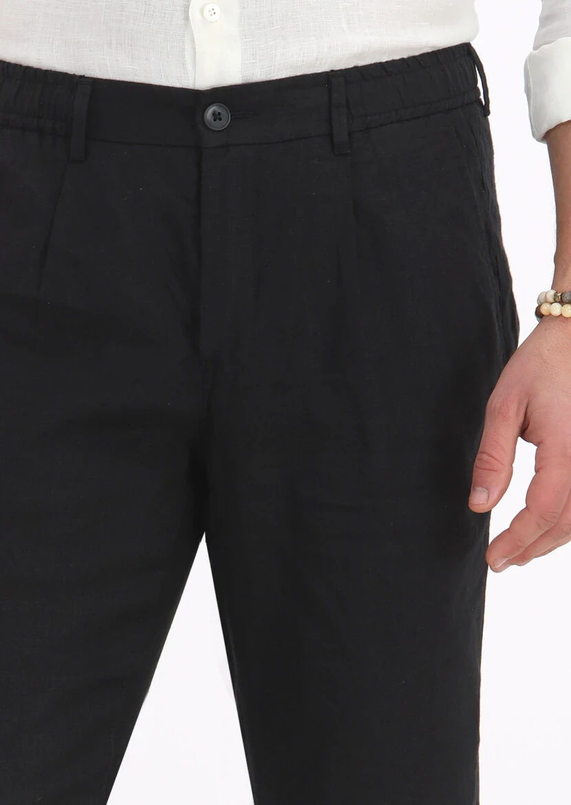 Black Weaving Jogging Fit Casual 100% Linen Trousers - 3