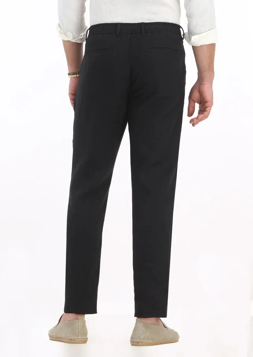 Black Weaving Jogging Fit Casual 100% Linen Trousers - 4