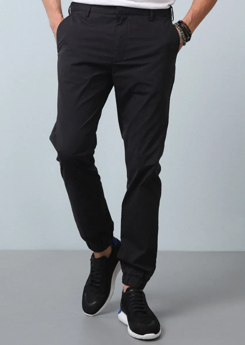 Black Weaving Jogging Fit Casual Cotton Blended Trousers - 2