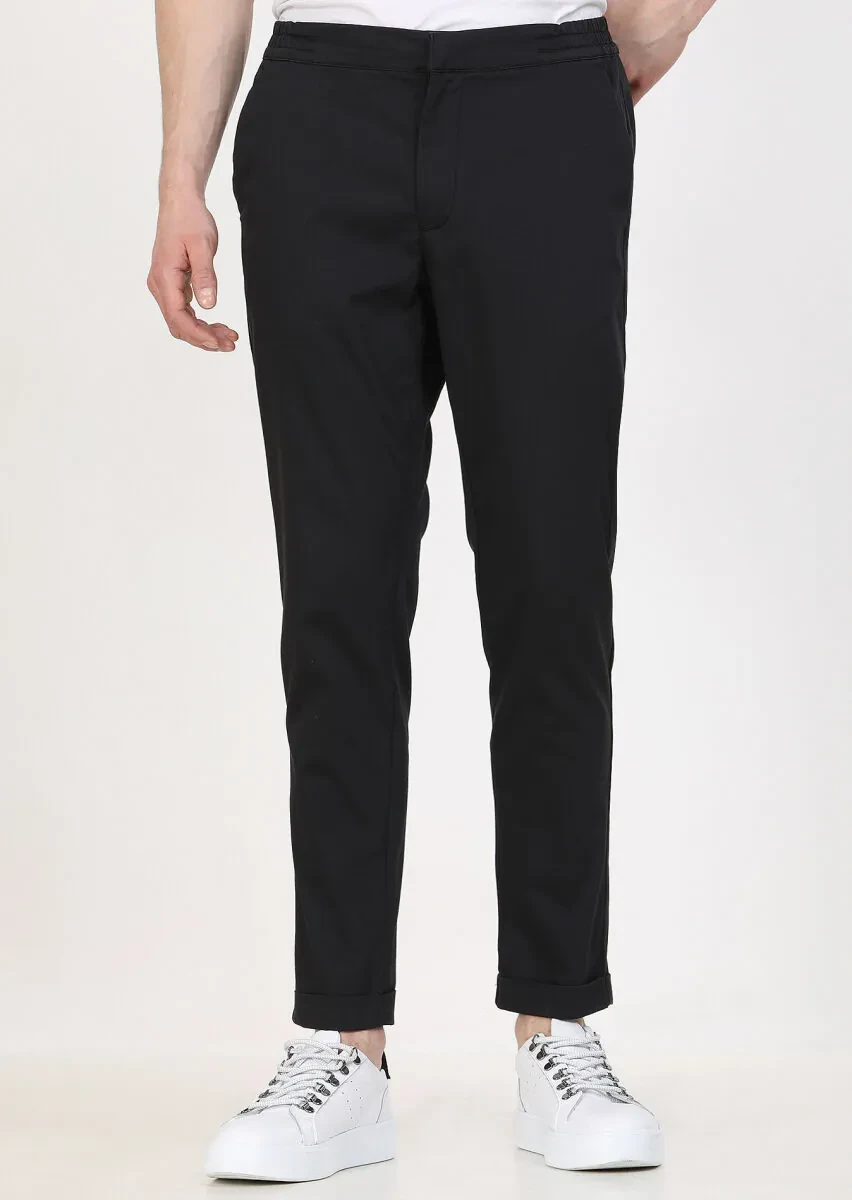 Black Weaving Jogging Fit Casual Cotton Blended Trousers - 1