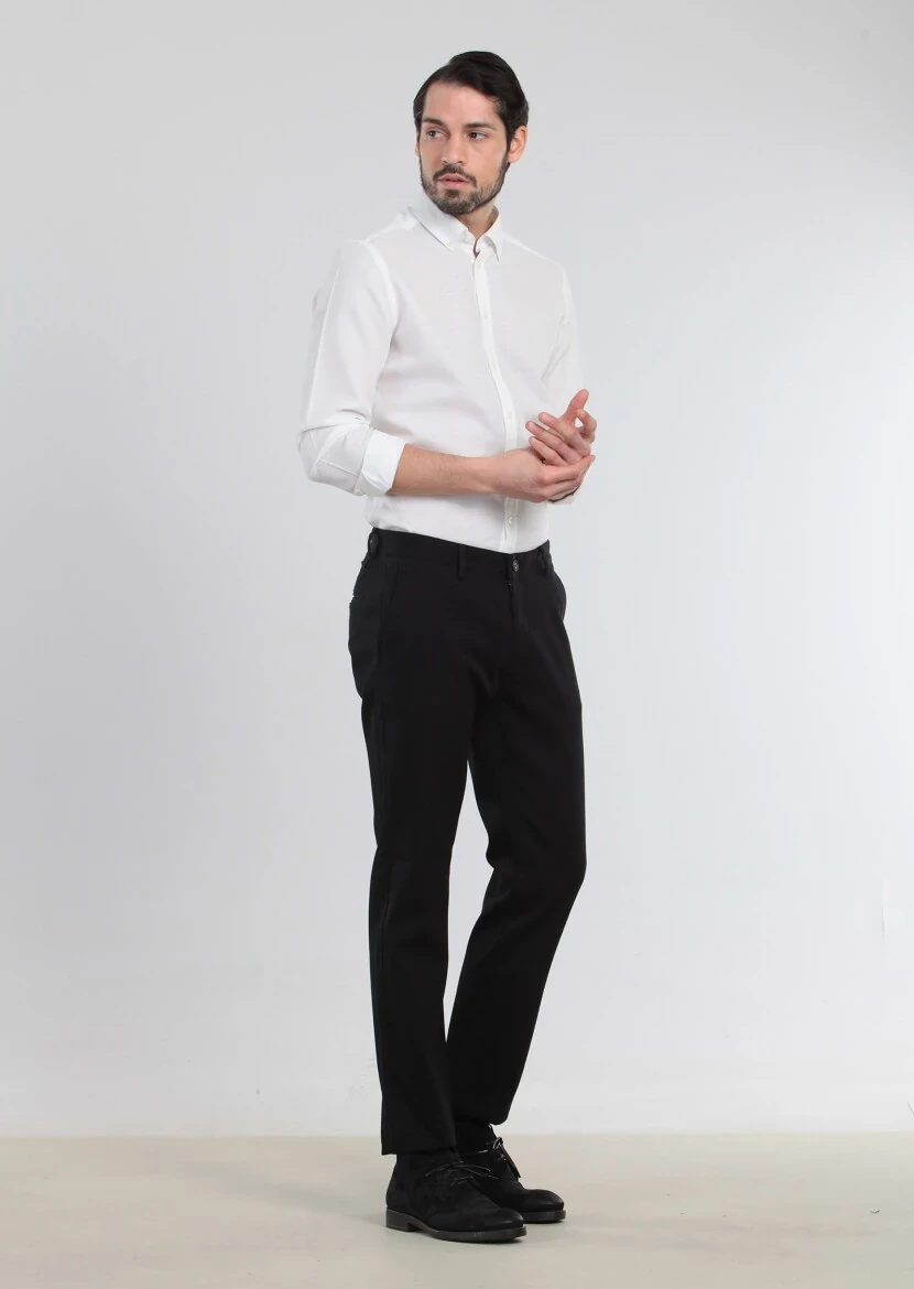 Black Weaving Regular Fit Casual 100% Cotton Trousers - 1