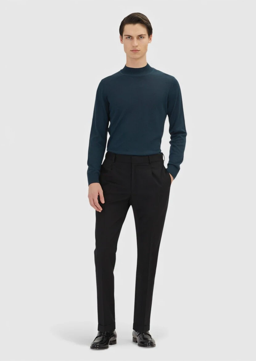Black Weaving Regular Fit Casual 100% Wool Trousers - 1