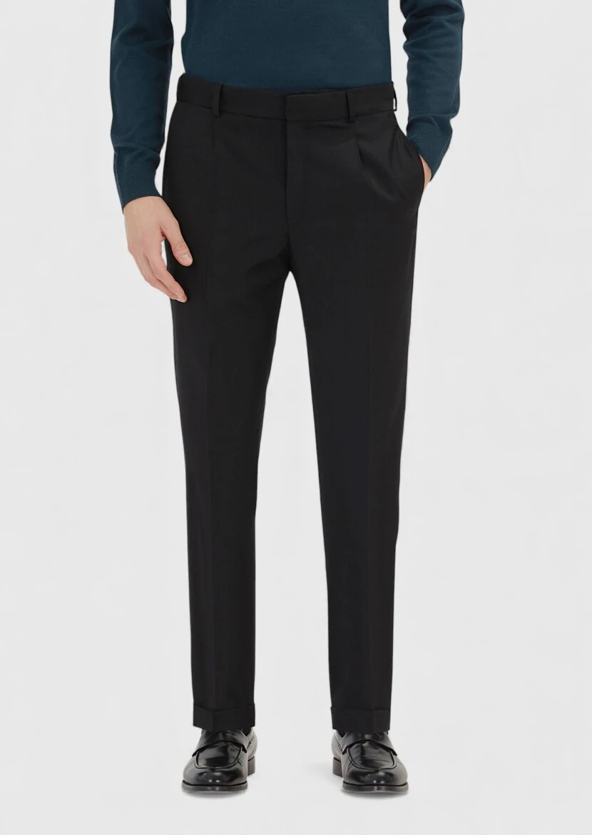 Black Weaving Regular Fit Casual 100% Wool Trousers - 2