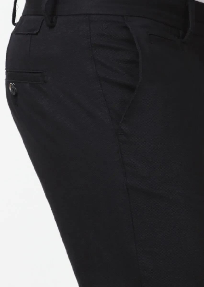Black Weaving Regular Fit Casual Cotton Blended Trousers - 3