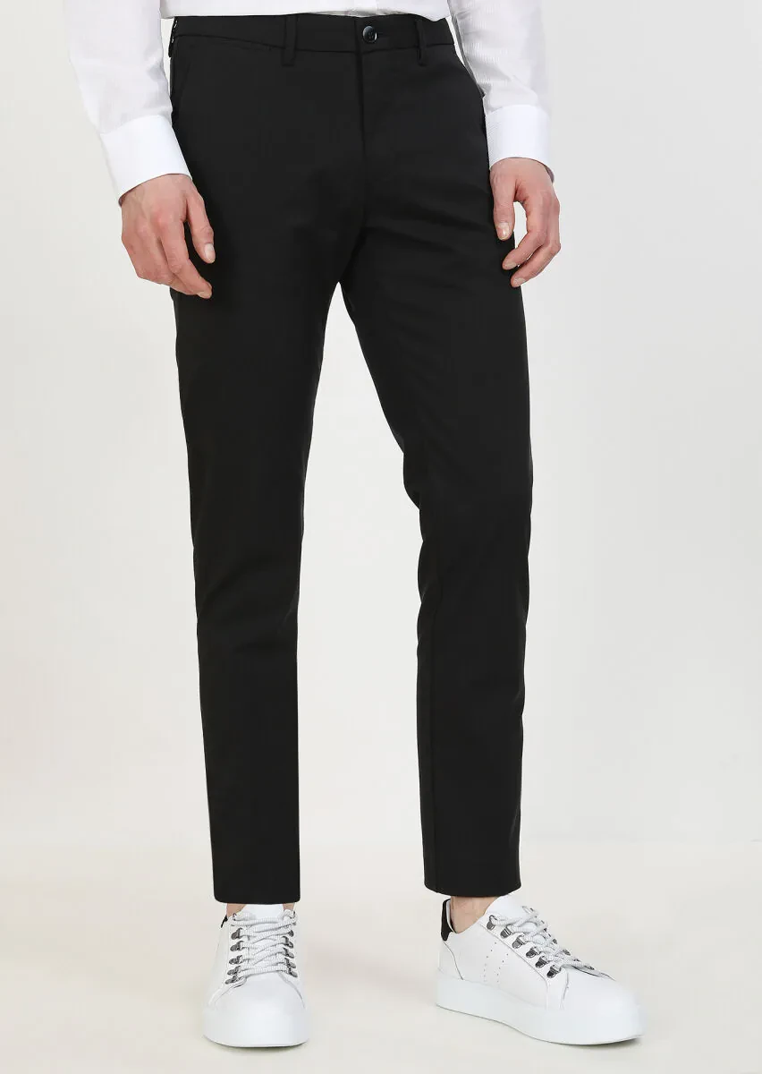 Black Weaving Regular Fit Casual Trousers - 1