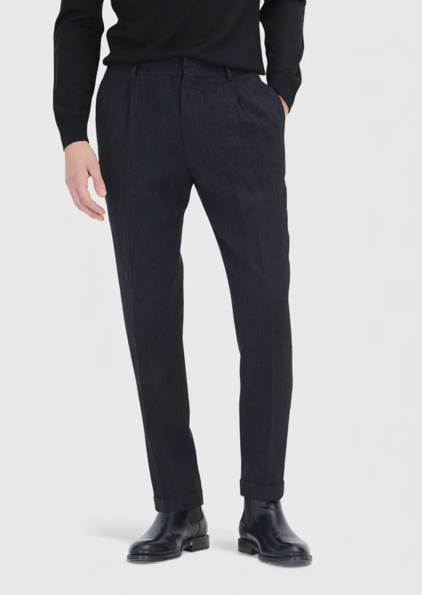 Black Weaving Regular Fit Casual Wool Blended Trousers - 2