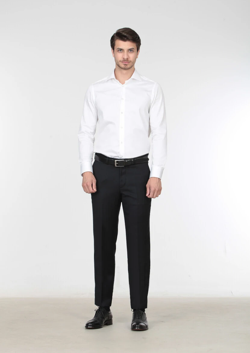 Black Weaving Regular Fit Classical 100% Wool Trousers 