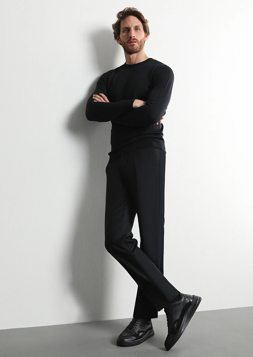 Black Weaving Regular Fit Classical 100% Wool Trousers - 3