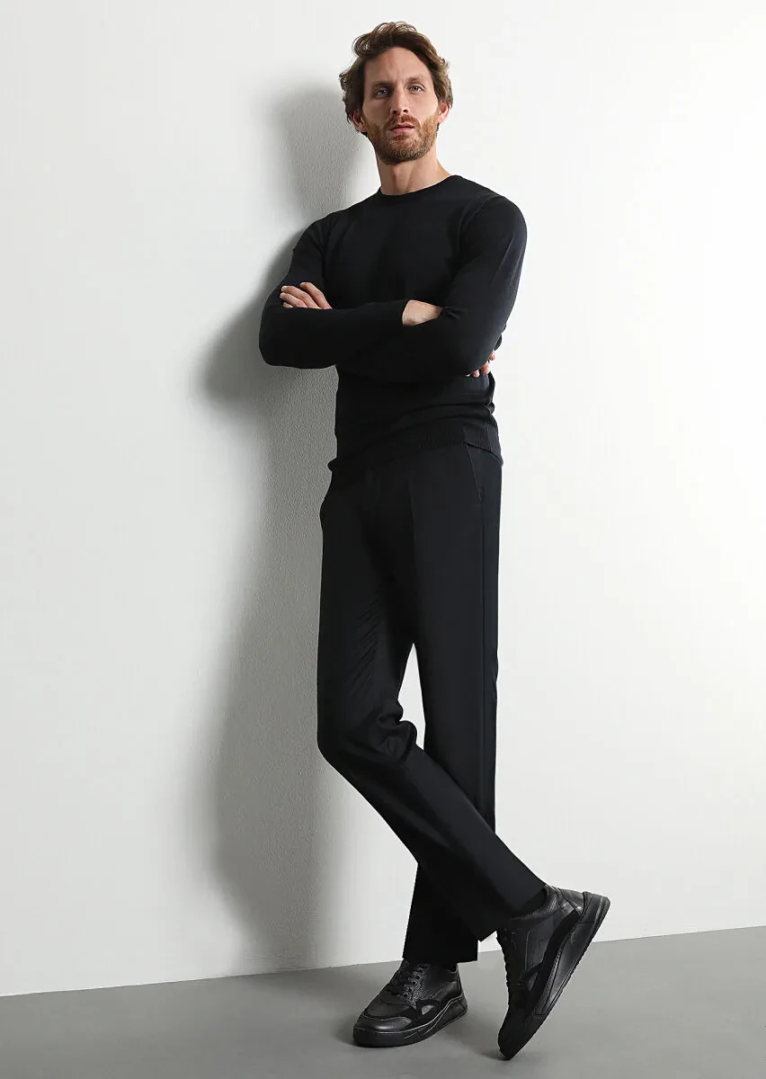 Black Weaving Regular Fit Classical 100% Wool Trousers - 3