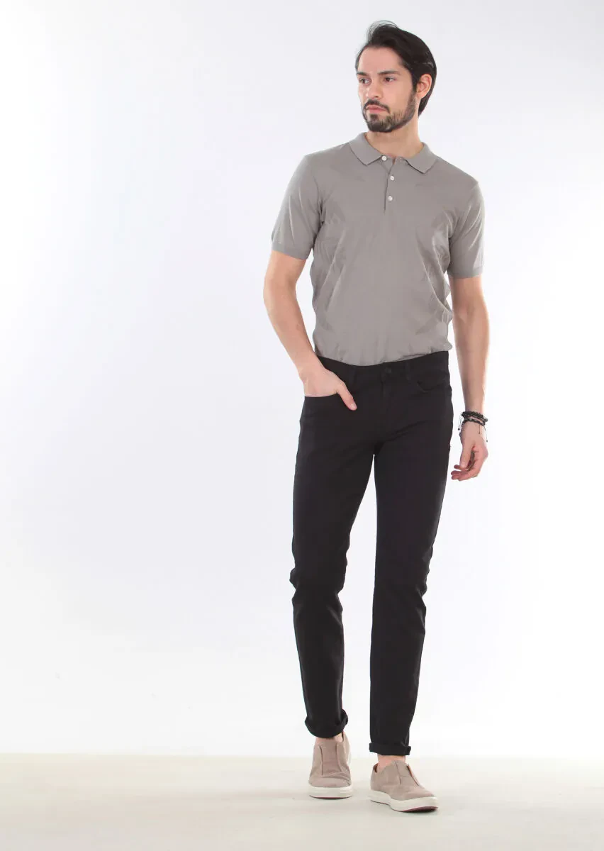 Black Weaving Slim Fit Casual Cotton Blended Trousers - 1