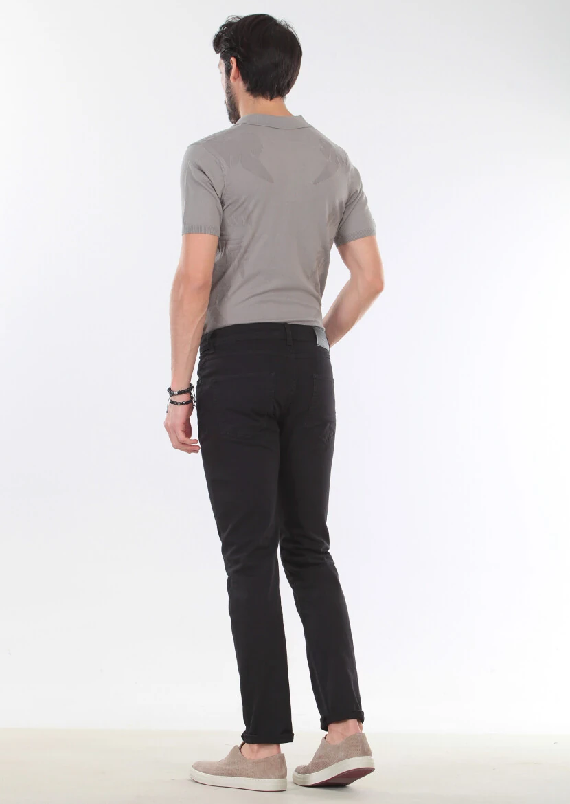 Black Weaving Slim Fit Casual Cotton Blended Trousers 