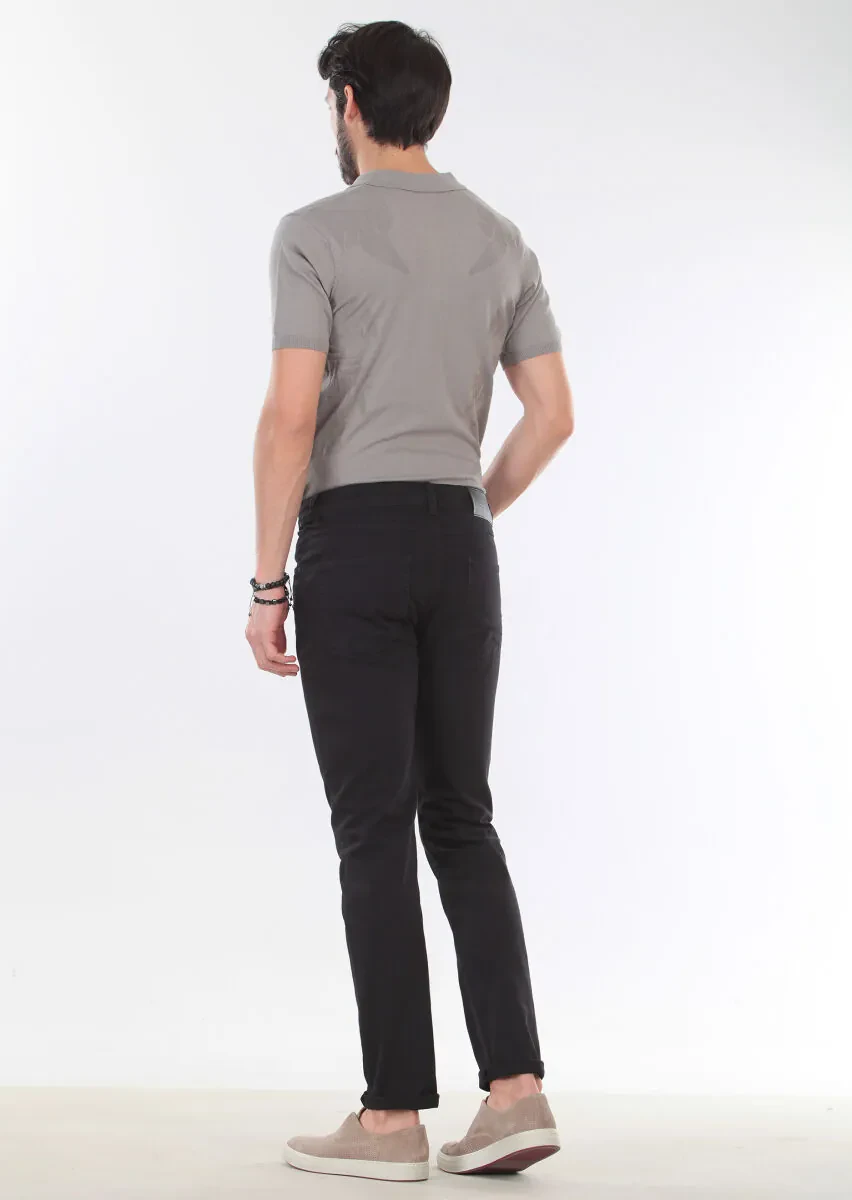 Black Weaving Slim Fit Casual Cotton Blended Trousers - 2