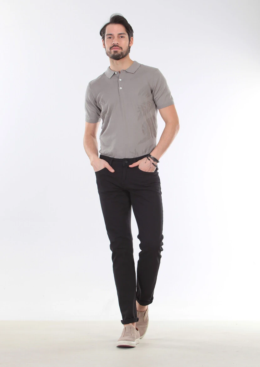 Black Weaving Slim Fit Casual Cotton Blended Trousers - 3