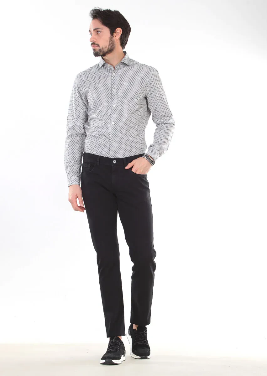 Black Weaving Slim Fit Casual Cotton Blended Trousers - 1