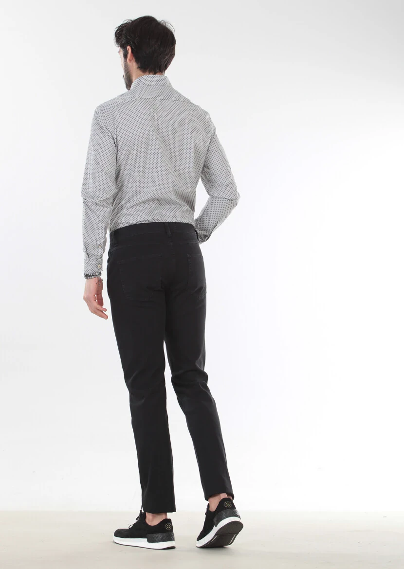 Black Weaving Slim Fit Casual Cotton Blended Trousers 