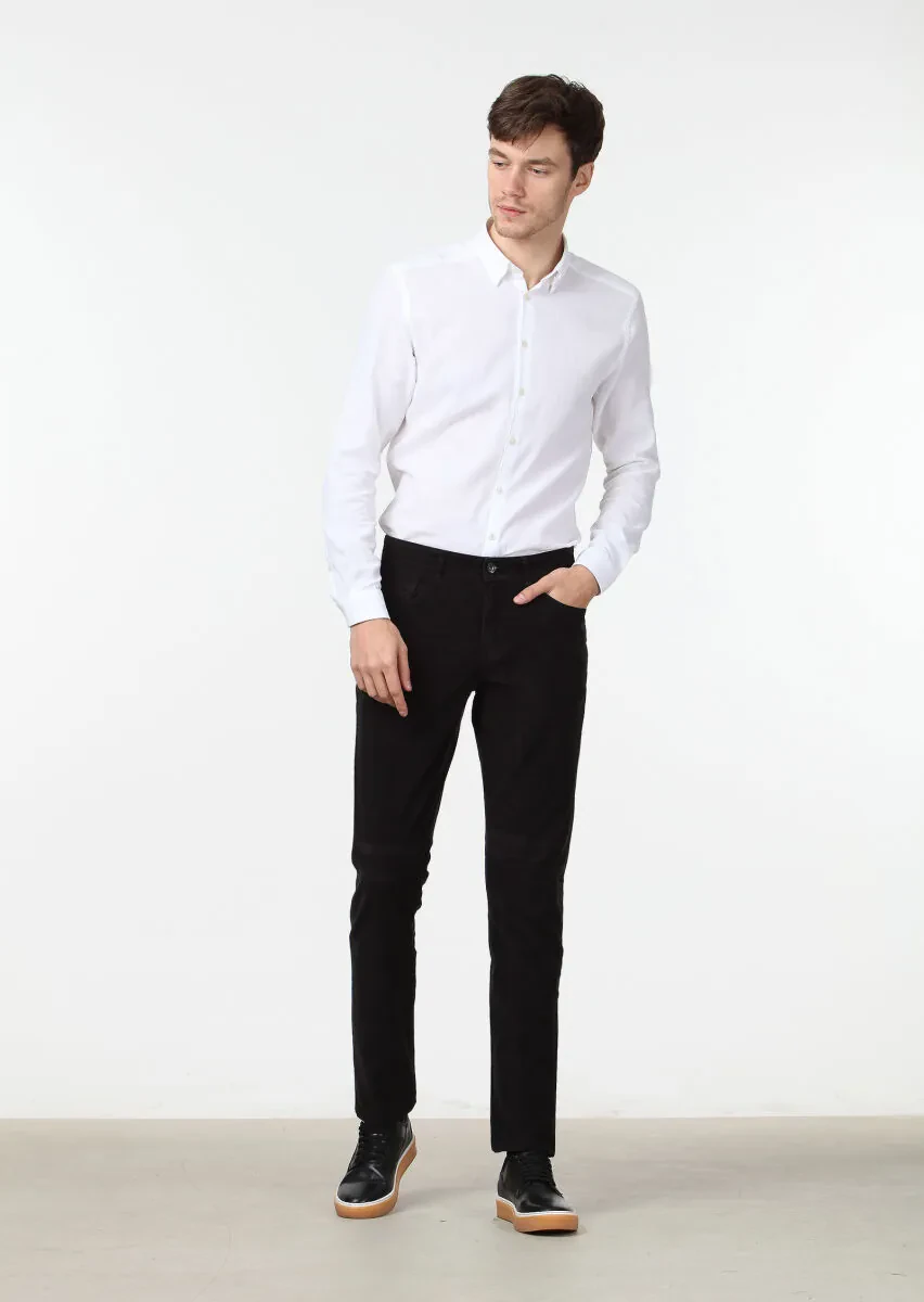 Black Weaving Slim Fit Casual Cotton Blended Trousers - 2