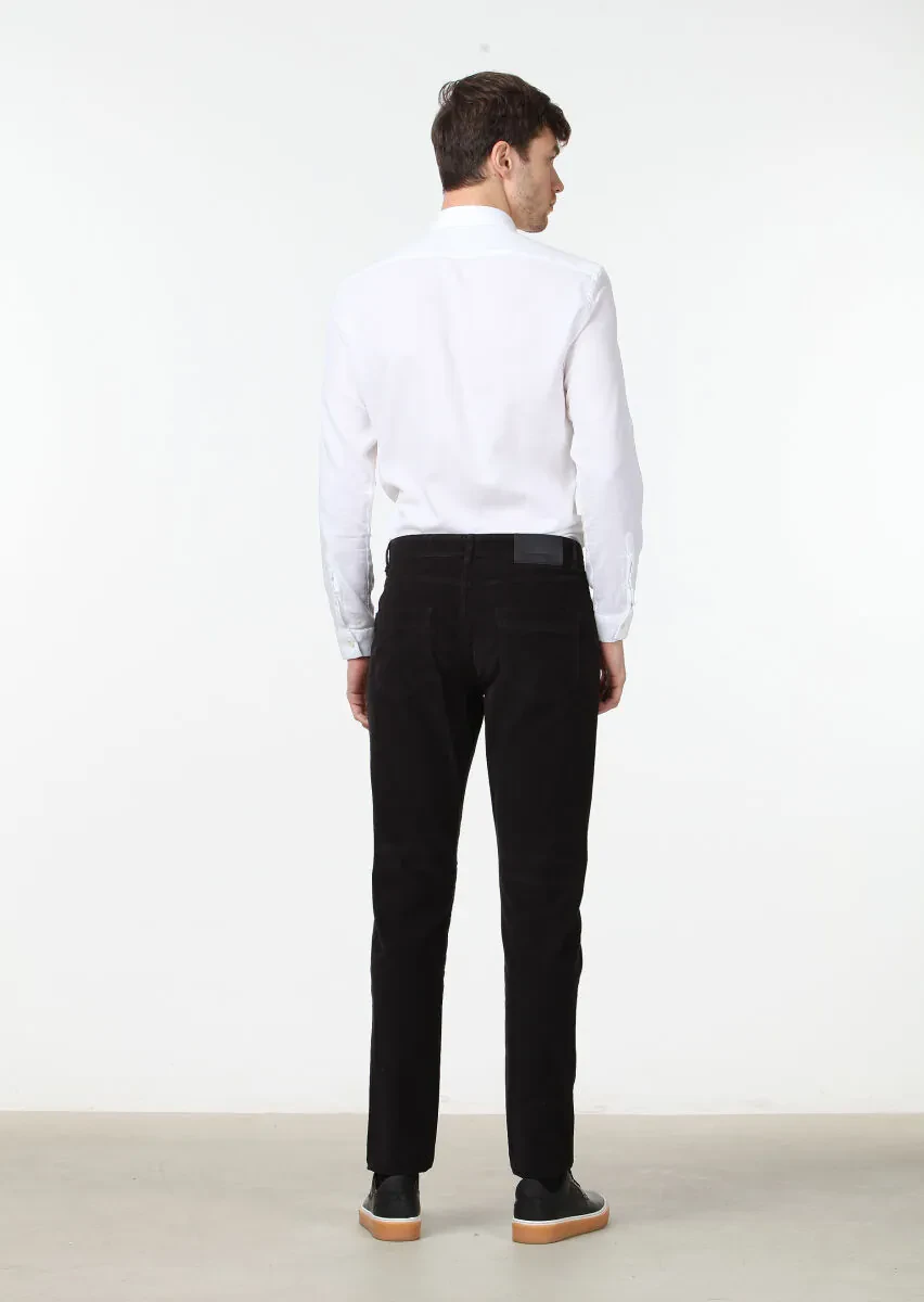 Black Weaving Slim Fit Casual Cotton Blended Trousers - 4