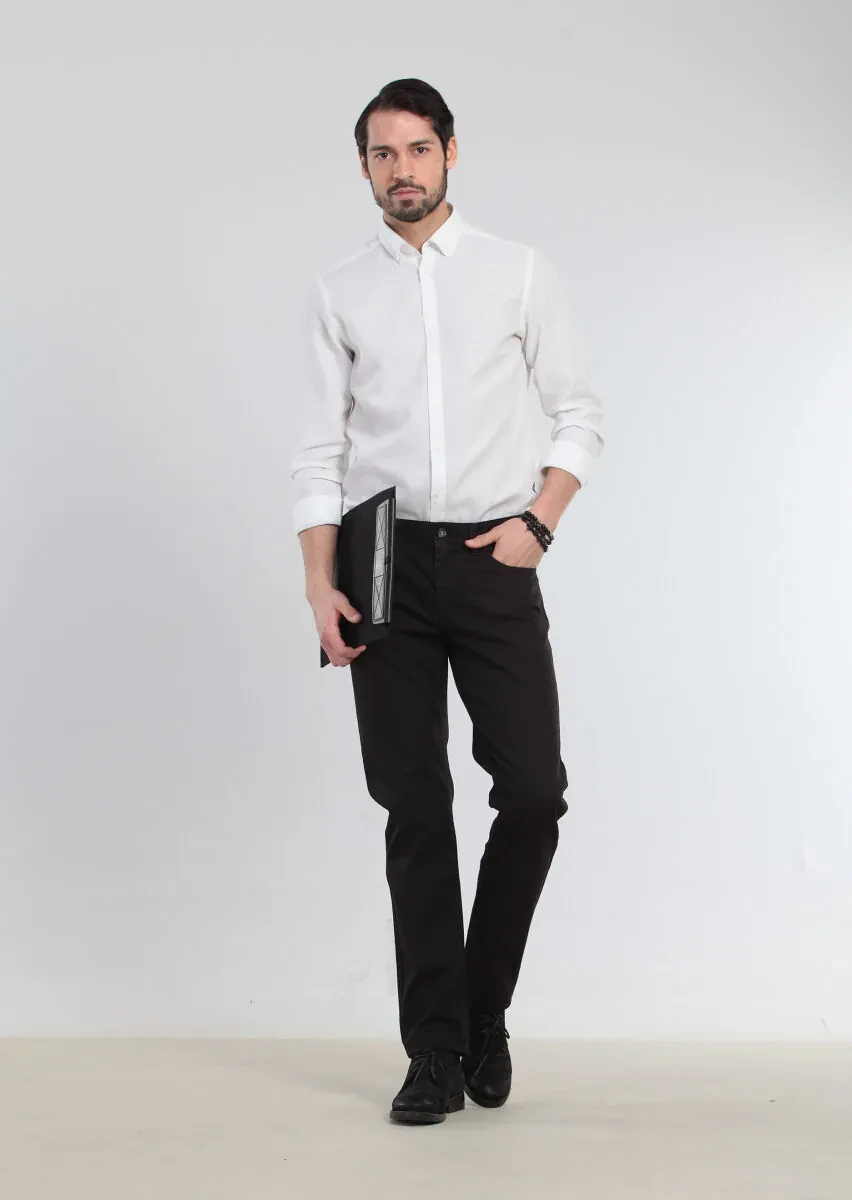 Black Weaving Slim Fit Casual Cotton Blended Trousers - 1