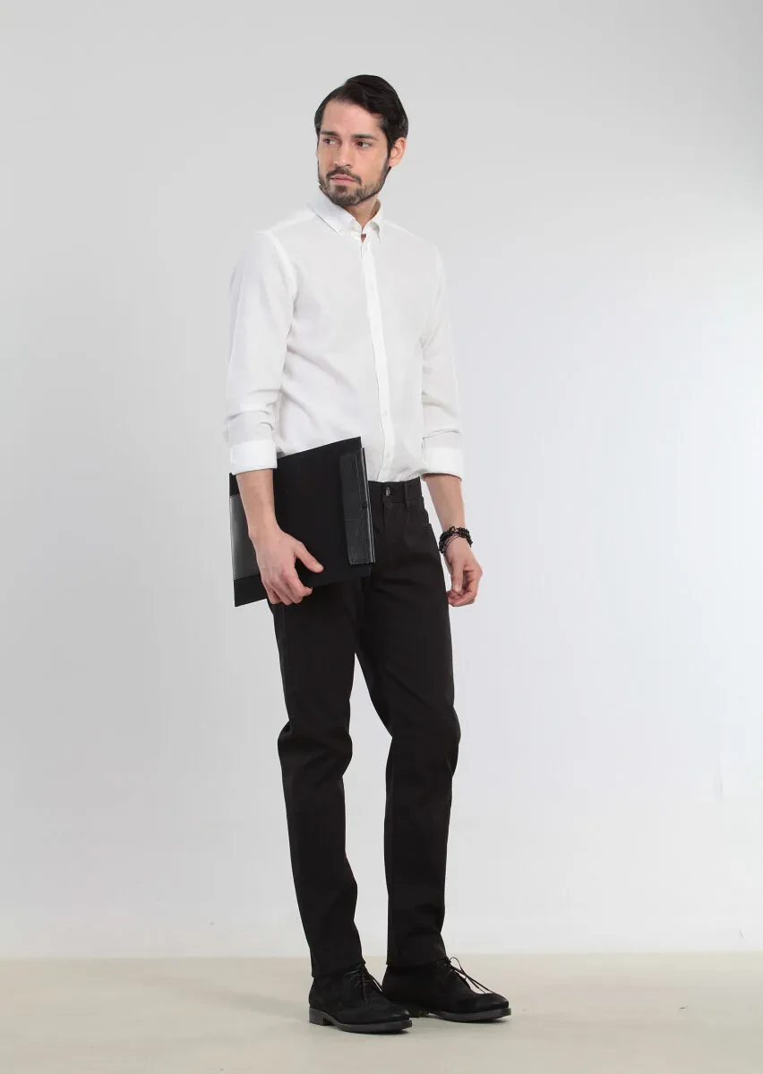 Black Weaving Slim Fit Casual Cotton Blended Trousers - 3