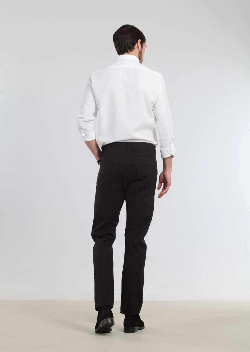 Black Weaving Slim Fit Casual Cotton Blended Trousers - 5