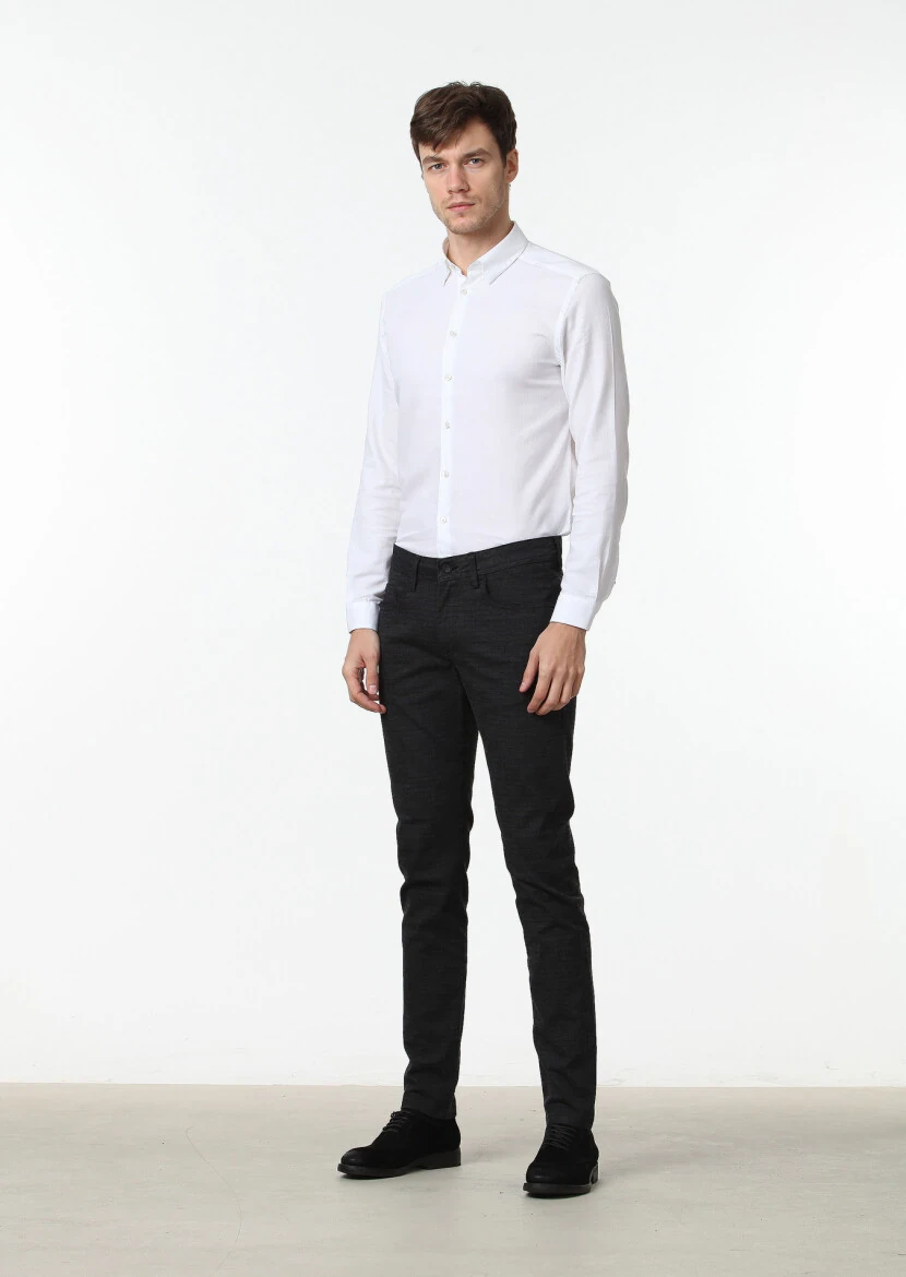 Black Weaving Slim Fit Casual Cotton Blended Trousers - 2