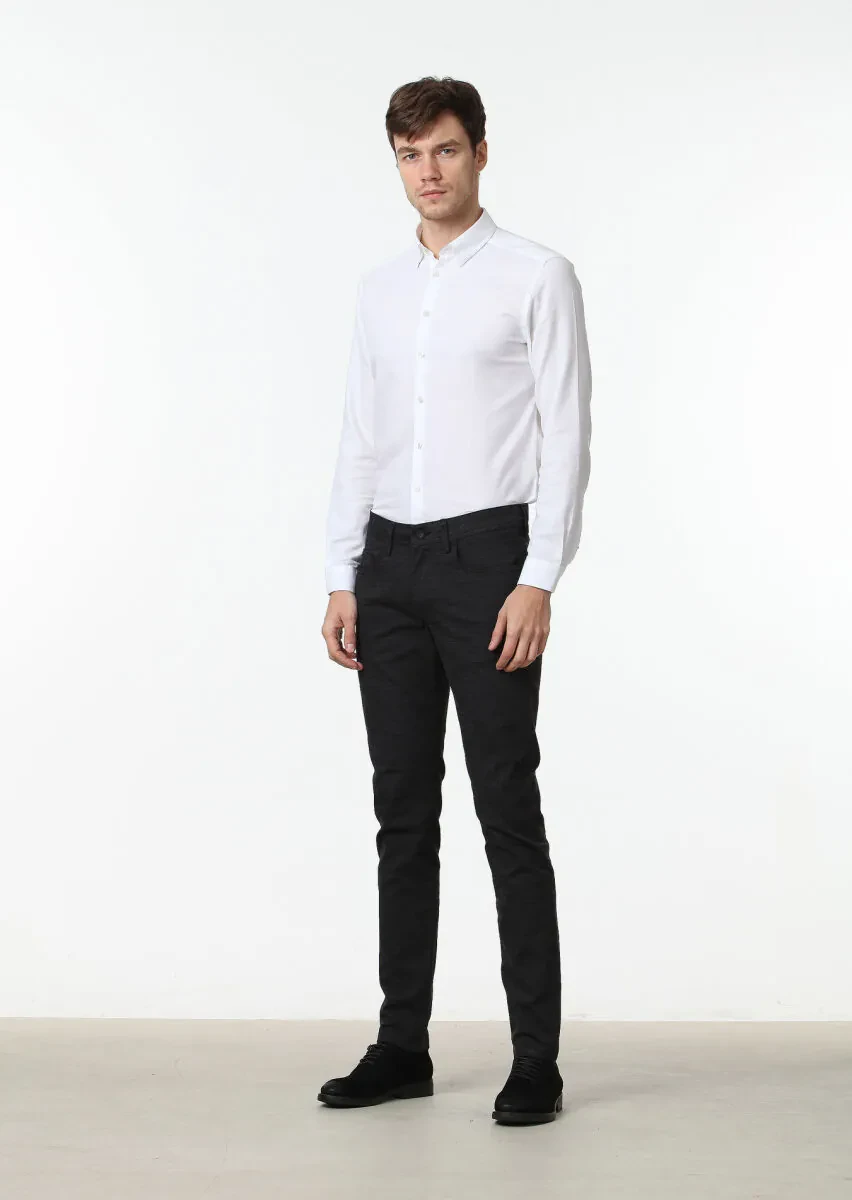 Black Weaving Slim Fit Casual Cotton Blended Trousers - 2