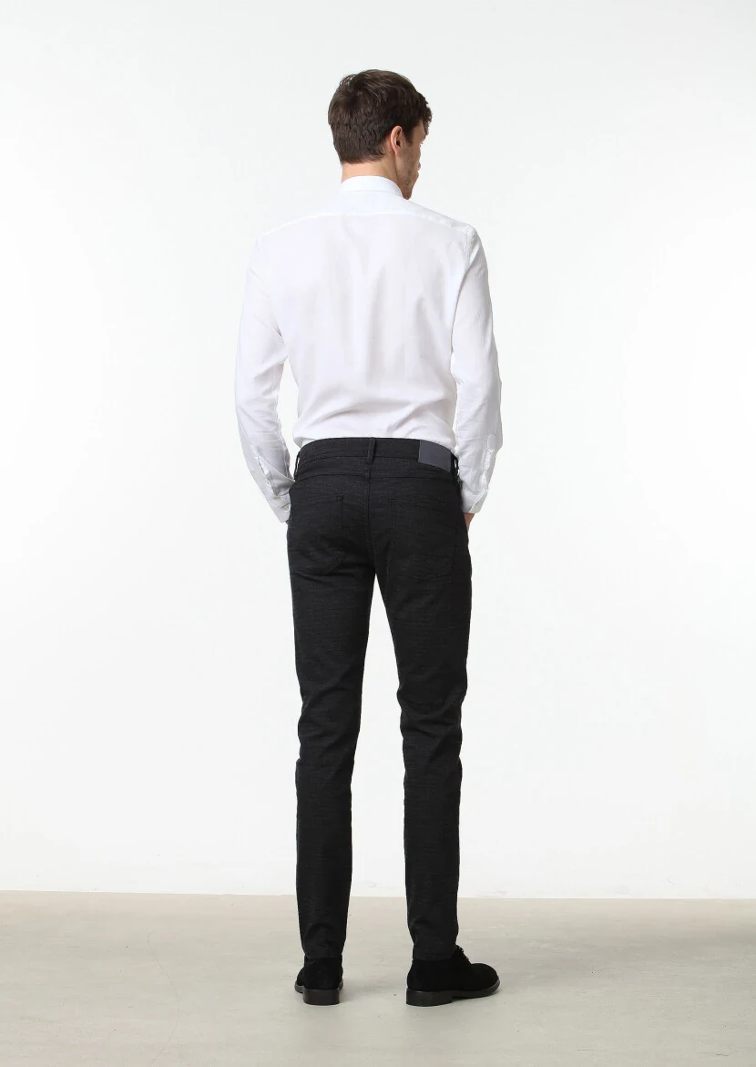 Black Weaving Slim Fit Casual Cotton Blended Trousers - 4