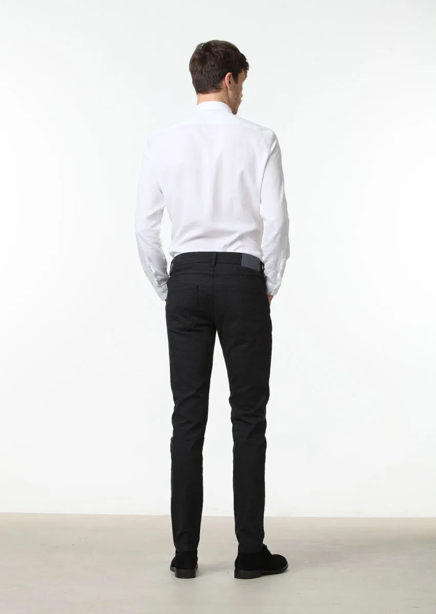Black Weaving Slim Fit Casual Cotton Blended Trousers - 4