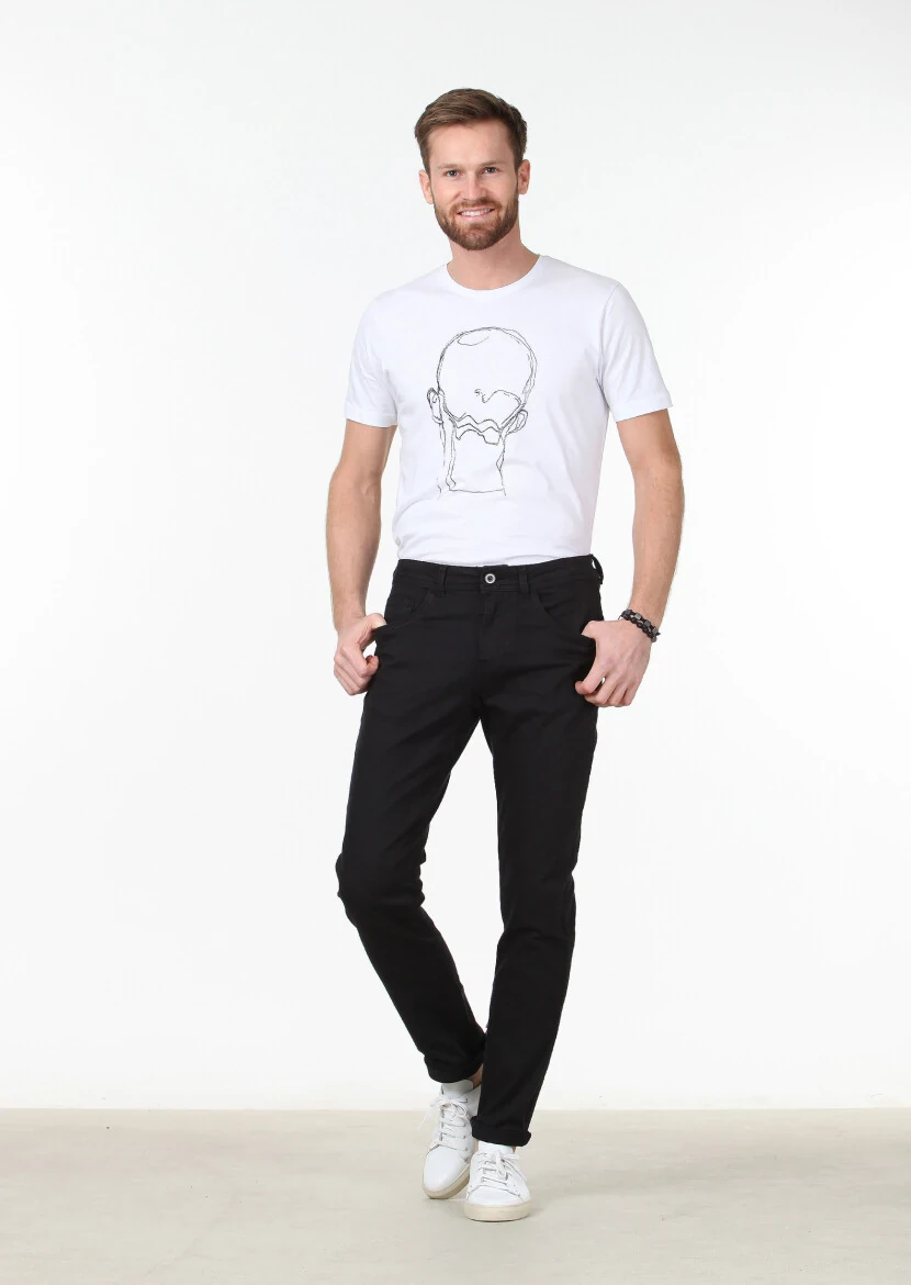 Black Weaving Slim Fit Casual Cotton Blended Trousers 