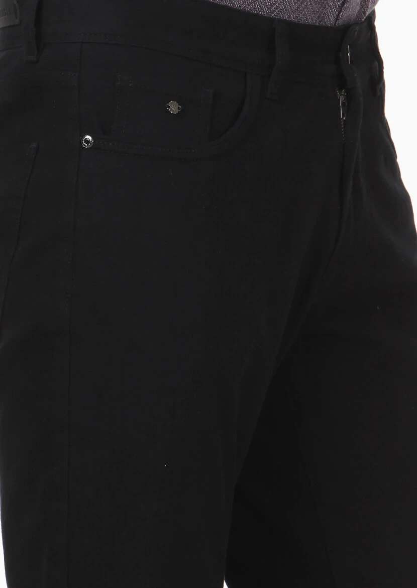 Black Weaving Slim Fit Casual Cotton Blended Trousers - 3