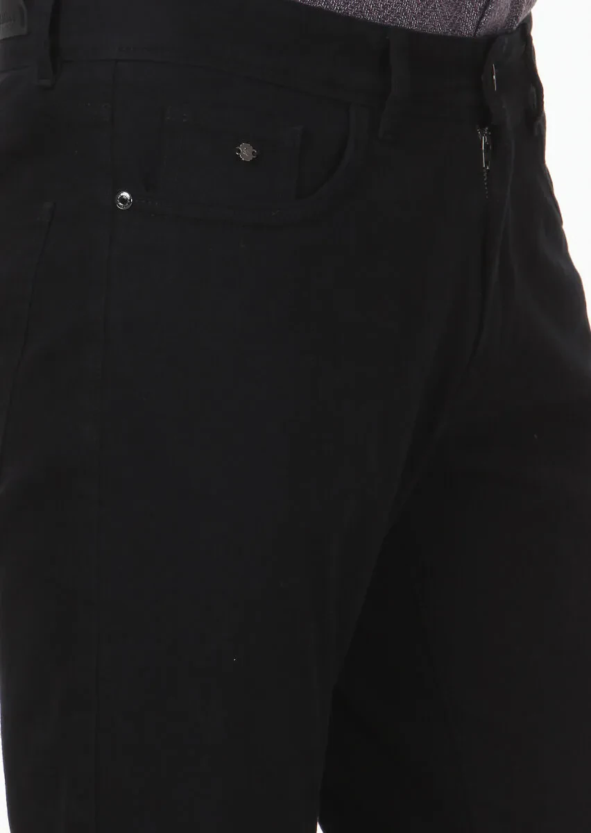 Black Weaving Slim Fit Casual Cotton Blended Trousers - 3