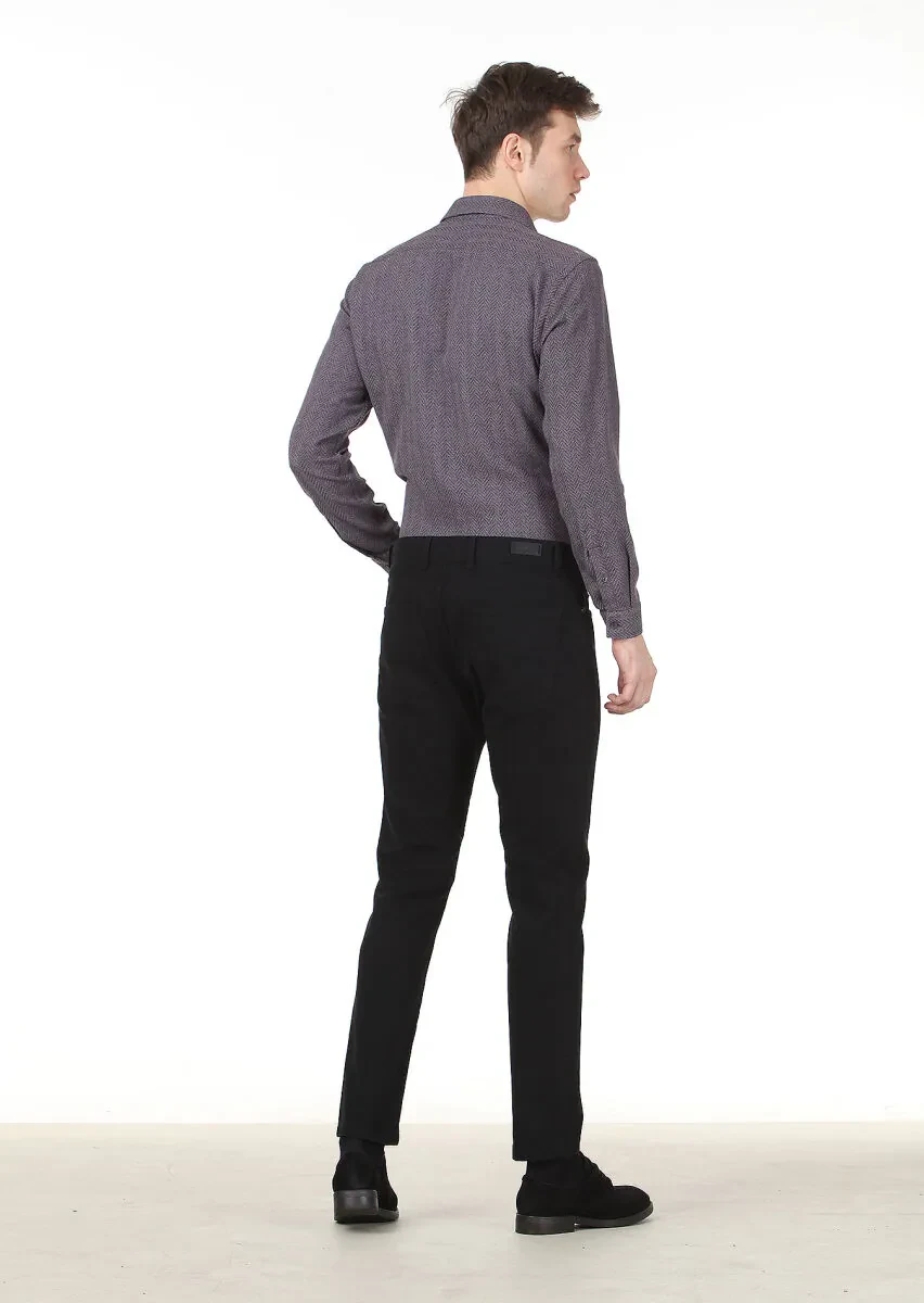 Black Weaving Slim Fit Casual Cotton Blended Trousers - 4